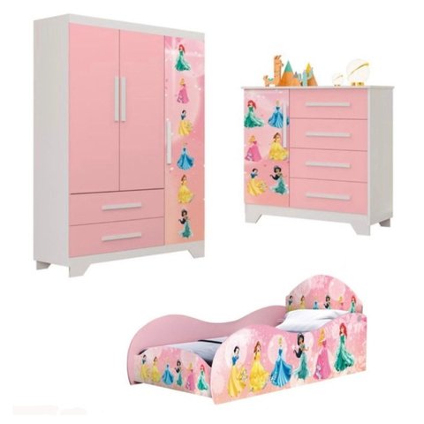 Conjunto Quarto Meninas Cama Roupeiro Comoda MDF Resistente