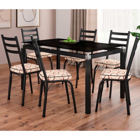 Conjunto Mesa de Jantar Tubular com 6 Cadeiras Malva Tampo Vidro 140cm 141 Sf Preto/cedro - Movelpol