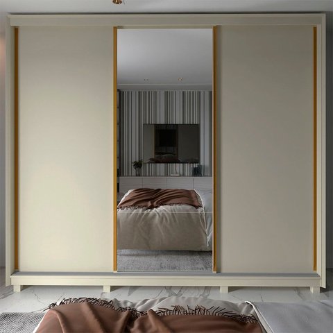 Guarda-Roupa Casal 3 Portas com Espelho com Pés 100% MDF Platinum Bege/Off White