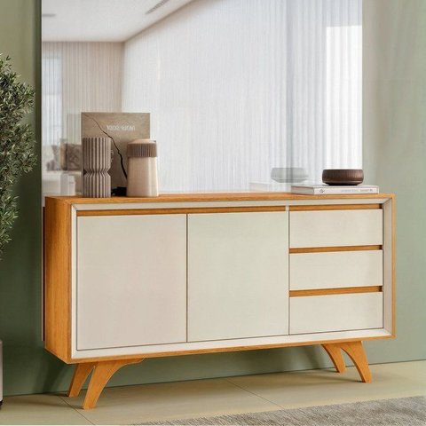 Buffet para Sala de Jantar Laqueado 100% MDF 2 Portas Pés Madeira Maciça Piazza
