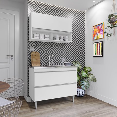 Kit de Cozinha Esmeralda 100cm 3 Portas Branco Maderatto Móveis
