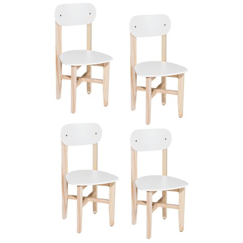 Kit 4 Cadeiras Infantil para Refeitório Assento e Encosto Branco Base Madeira