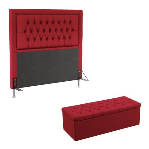 Kit Cabeceira Decorativa Para Cama Box Pegasus e Calçadeira Sagitarius 160 Para Cama Queen Sued Verm