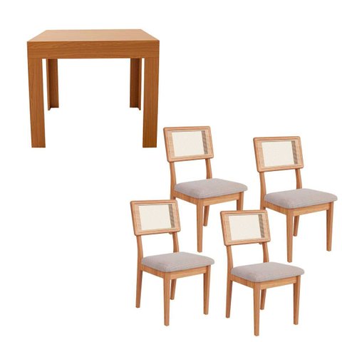 Mesa Jantar Retangular Extensível e 4 Cadeiras Estofadas MDF Cor:Freijó com Bege Rústico