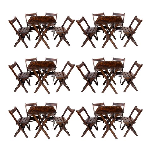 Kit 6 Conjuntos de Mesa Dobrável 60x60cm com 4 Cadeiras em Madeira Maciça - Imbuia