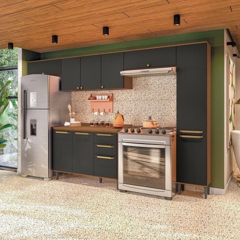 Armário de Cozinha Elara 9 Portas 3 Gavetas 320cm Canela e Preto Kappesberg