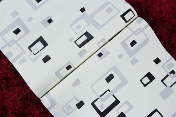 Papel de Parede Importado Quadrados Branco Preto Prata - 2