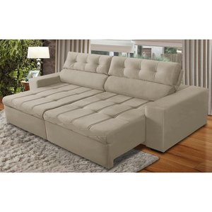 Sofá Retrátil e Reclinável 3 Lugares com Molas 2,10m Julia Suede Bege Madelina Decor
