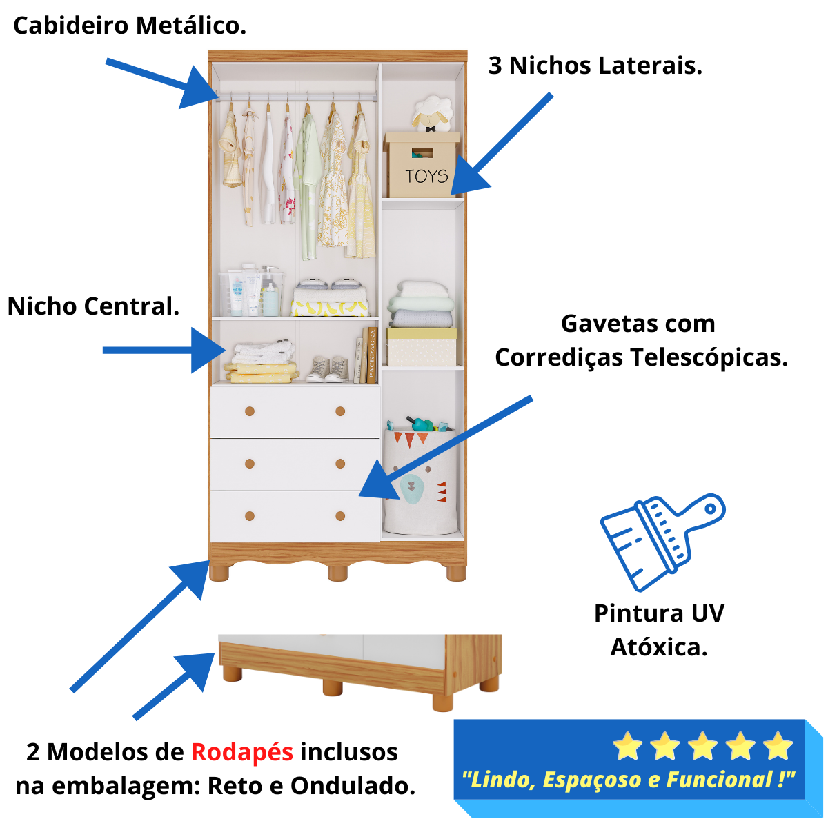 Quarto Bebê Completo Berço Americano Marquesa 3 em 1 Guarda Roupa 3 Portas Cômoda Uli 100%mdf - 7