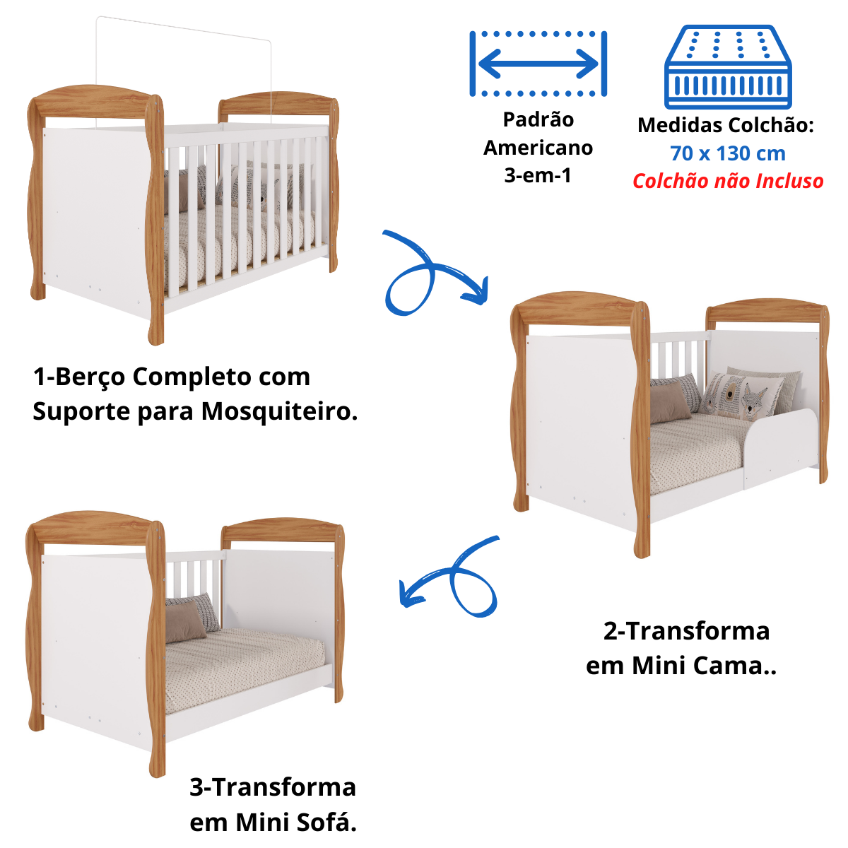 Quarto Bebê Completo Berço Americano Marquesa 3 em 1 Guarda Roupa 3 Portas Cômoda Uli 100%mdf - 4