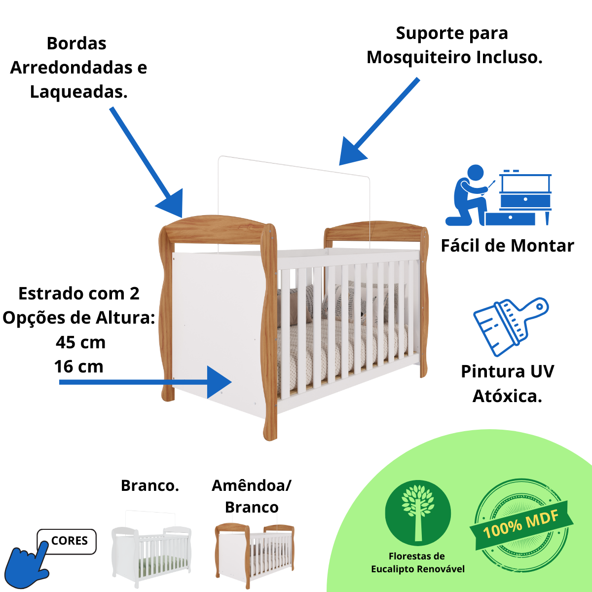 Quarto Bebê Completo Berço Americano Marquesa 3 em 1 Guarda Roupa 3 Portas Cômoda Uli 100%mdf - 3