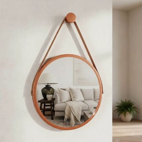 Espelho Redondo Adnet Decorativo Suspenso com Alça 60cm + Suporte Cobre com Alça Caramelo