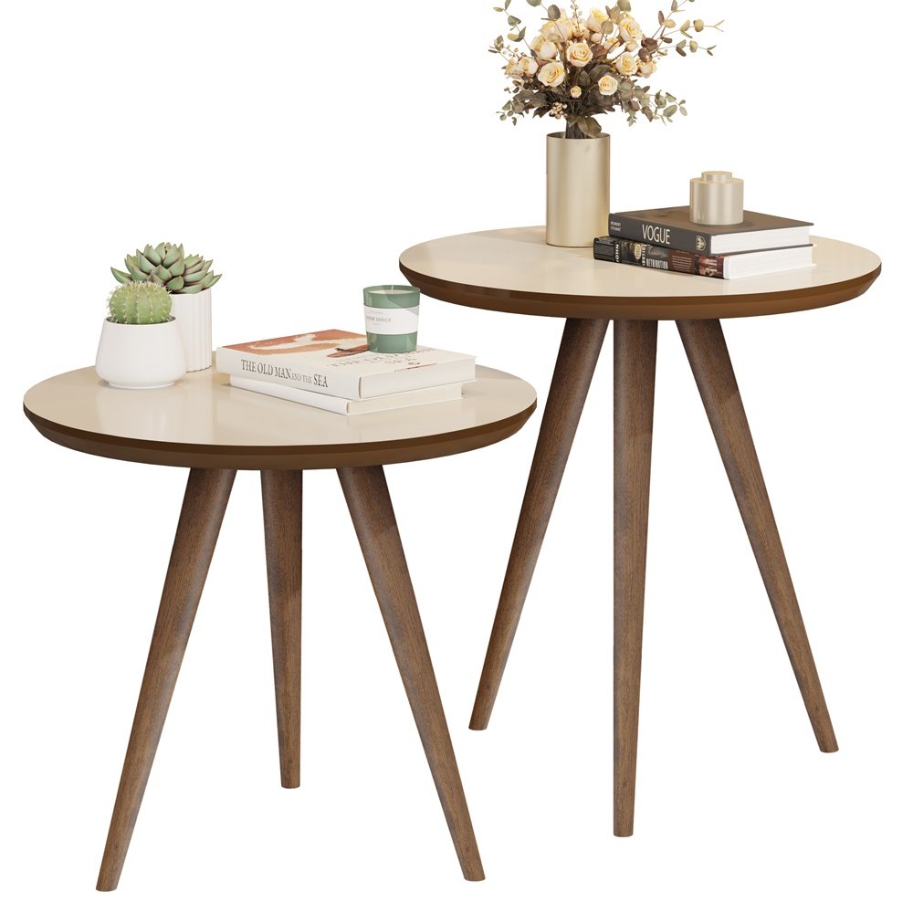 Conjunto de Mesa Lateral e Apoio Star Tripé Pés Palito Retrô - Jm3 Móveis:off White/freijó - 2