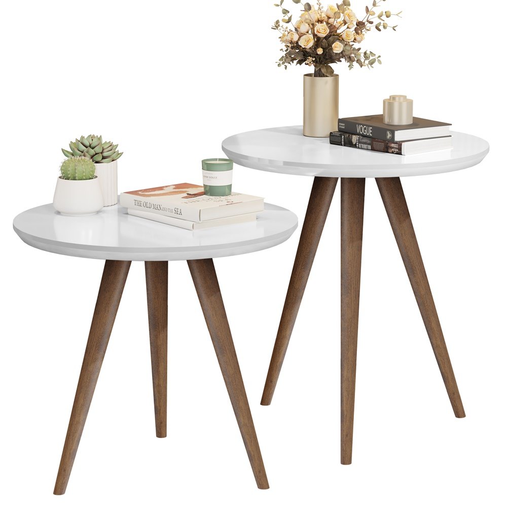 Conjunto de Mesa Lateral e Apoio Star Tripé Pés Palito Retrô - Jm3 Móveis:off White/freijó - 5