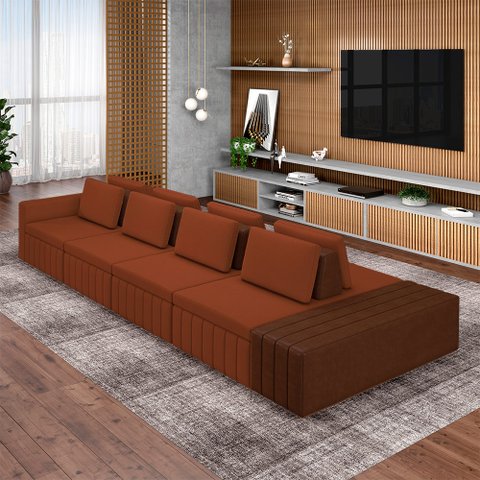 Sofá Ilha com Encosto e Almofadas Móveis Olimpo 505cm Modulado Linho/PU Terracota/Marrom G45 - Gran 