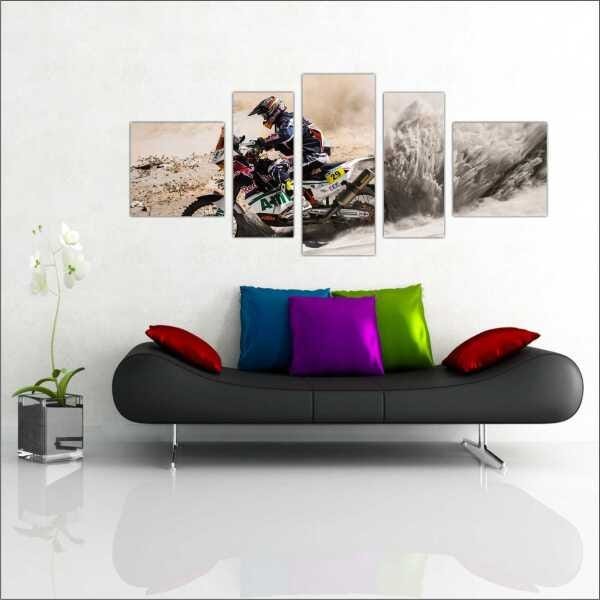 Quadro Decorativo Motos Motocross Quartos Salas Interiores Mosaico 5 Peças Com Moldura - 1