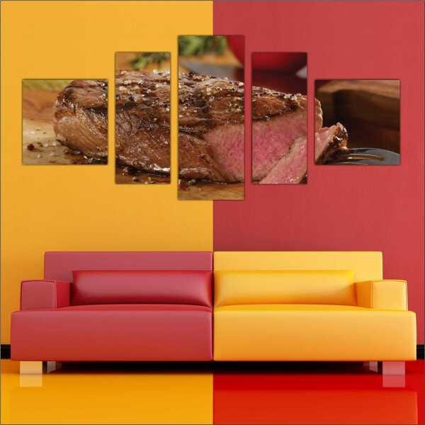 Quadro Decorativo Churrasco Carne Assada Restaurantes Gourmet Interiores Mosaico 5 Peças Com Moldura - 2
