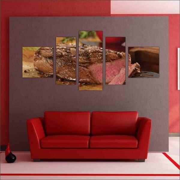 Quadro Decorativo Churrasco Carne Assada Restaurantes Gourmet Interiores Mosaico 5 Peças Com Moldura - 4