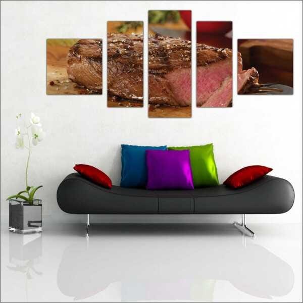 Quadro Decorativo Churrasco Carne Assada Restaurantes Gourmet Interiores Mosaico 5 Peças Com Moldura - 1