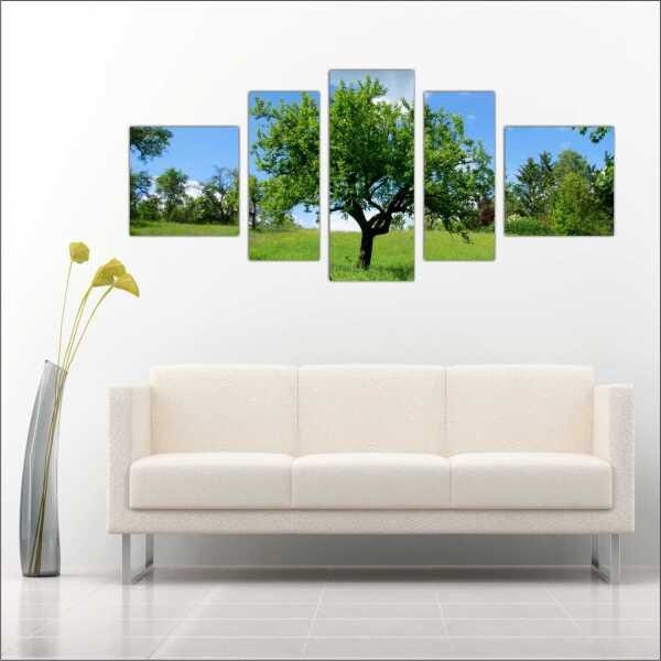 Quadro Decorativo Natureza Paisagem Árvores Salas Interiores Mosaico 5 Peças Com Moldura - 1