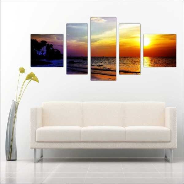 Quadro Decorativo Praia Mar Sol Paisagens Natureza Interiores Mosaico 5 Peças Com Moldura - 3