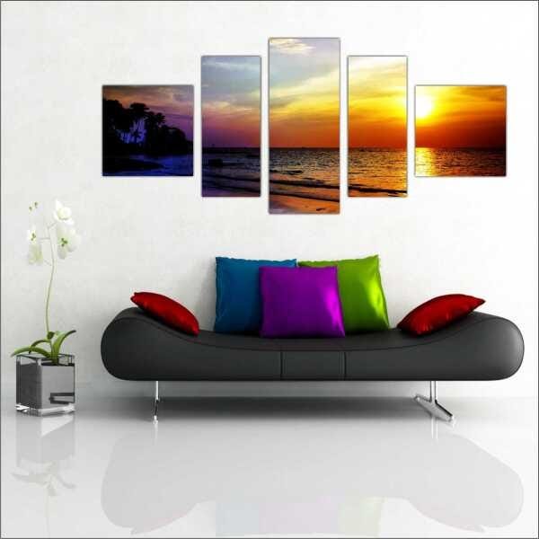 Quadro Decorativo Praia Mar Sol Paisagens Natureza Interiores Mosaico 5 Peças Com Moldura - 1