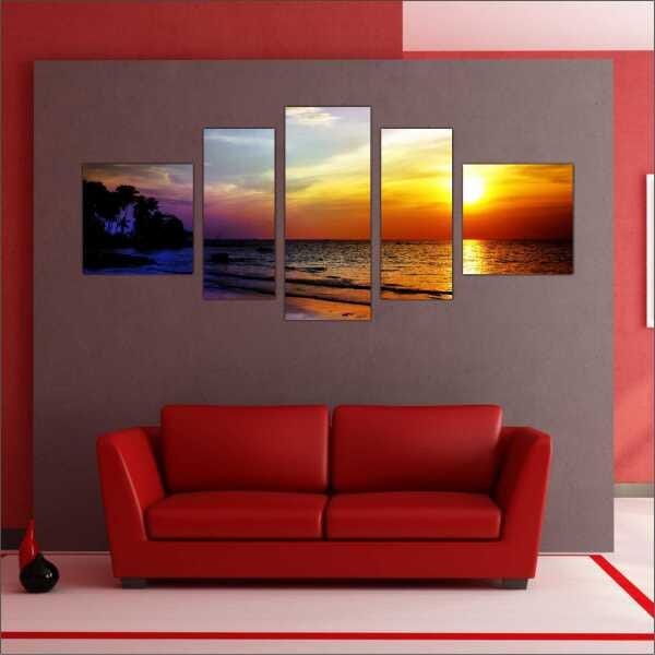 Quadro Decorativo Praia Mar Sol Paisagens Natureza Interiores Mosaico 5 Peças Com Moldura - 4