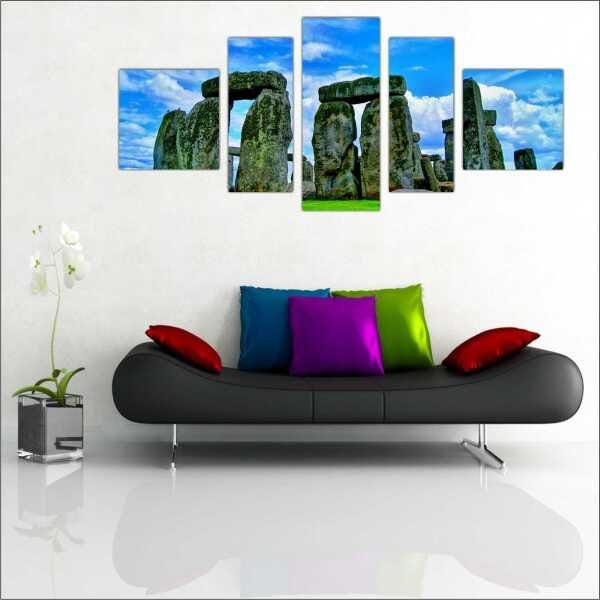 Quadro Decorativo Natureza Paisagem Stonehenge Salas Interiores Mosaico 5 Peças Com Moldura - 1