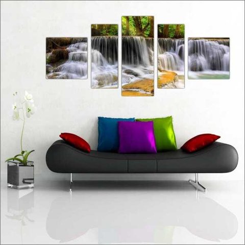 Quadro Decorativo Natureza Paisagem Cachoeira Rio Interiores Mosaico 5 Peças Com Moldura
