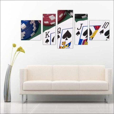 Quadro Decorativo Pôquer Baralho Esporte Salas De Jogos Interiores Mosaico 5 Peças Com Moldura