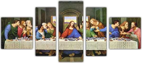 Quadro Decorativo Santa Ceia Jesus Apóstolos Religiosidade Salas Interiores 5 Peças Com Moldura - 1