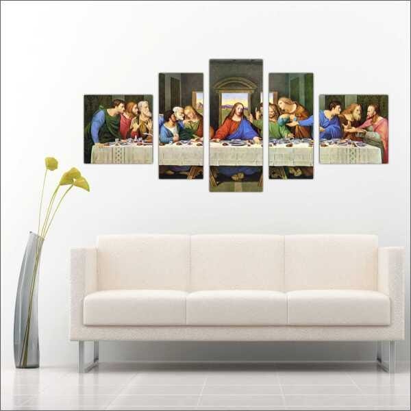 Quadro Decorativo Santa Ceia Jesus Apóstolos Religiosidade Salas Interiores 5 Peças Com Moldura - 4