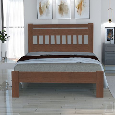 Cama Casal 140x190 Estrela Fabricada em Madeira Maciça Cor Escura Tabaco