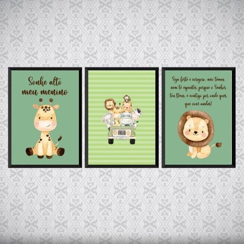 Kit 3 Quadros Tema Safari Infantil Sonhe Alto 33x24cm:Madeira branca