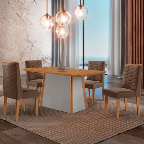 Mesa de Jantar Diane 120cm Tampo MDF Lam 4 Cadeiras Safira Moderna Veludo Marrom Naturalle Off White
