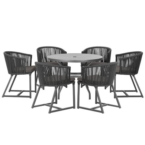 Mesa com 6 Cadeiras de Jantar Roma 120cm e Noronha em Alumínio Preto Corda Náutica Estofado 11 Trama