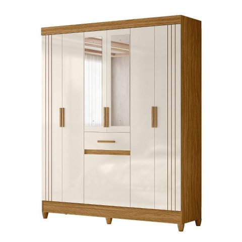 Guarda Roupa Roupeiro Roma 7 Portas 1 Gaveta Detalhes Frisados Espelho Freijó Off White Moval
