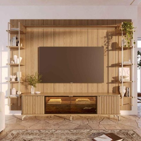 Estante para TV Home Theater 85" MDF 291cm 10 Prateleiras Vidro Reflecta LED Neon Float Carvalho