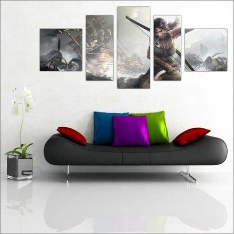 Quadro Decorativo Tomb Raider Games Jogos Quartos Salas Interiores Mosaico 5 Peças Com Moldura