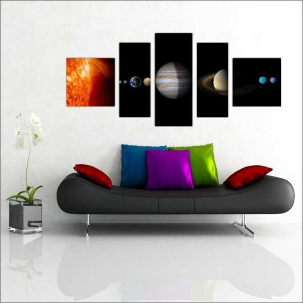 Quadro Decorativo Universo Planetas Galáxias Estrelas Cosmos Espaço Mosaico 5 Peças Com Moldura - 1