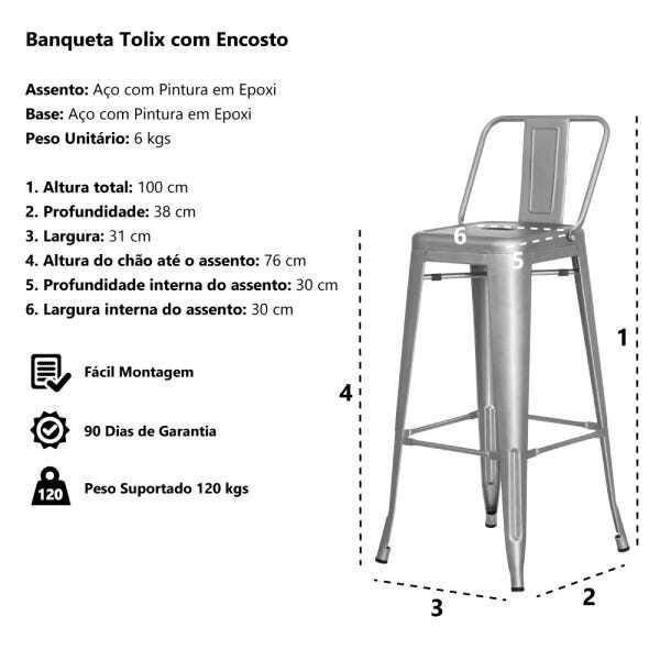 Kit 4 Banquetas Tolix Iron com Encosto Preto Brilhante Industrial Aço Cozinha Bar Bistrô Bancada - 6