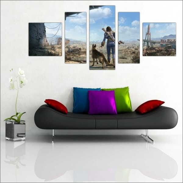 Quadro Decorativo Fallout Games Jogos Quartos Salas Interiores Mosaico 5 Peças Com Moldura - 2