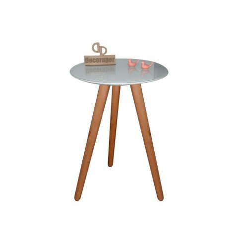 Mesa de Canto Pés Palito Amadeirado com Tampo Vidro 35cm Off White 60cm