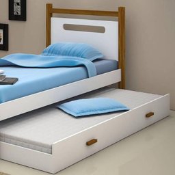 Cama solteiro com auxiliar + 2 colchões e pés em madeira maciça Eloá branco e mel - 3