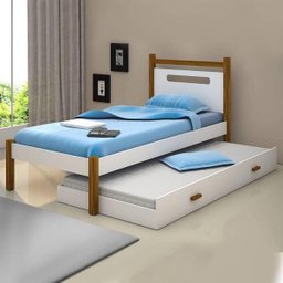 Cama solteiro com auxiliar + 2 colchões e pés em madeira maciça Eloá branco e mel - 2