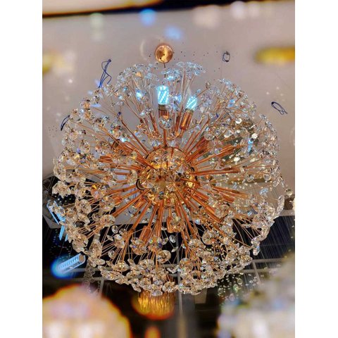 Lustre Pendente Dente de Leão Rose Gold Redondo Cristais 16E14 70cm PARIS LUZ