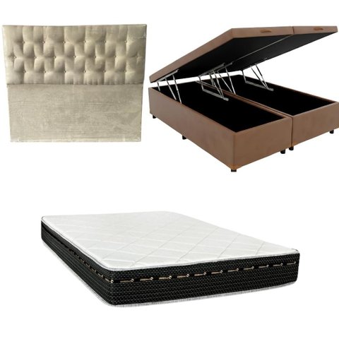 Cama Box Baú Bipartida Blindada + Colchão Eagle Molas Bonnel 22cm | Kit Completo com Cabeceira Boton