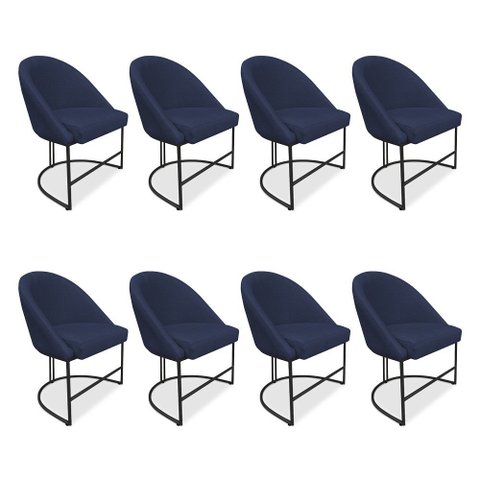Kit 08 Cadeiras Poltrona de Jantar Bela Veludo Azul Marinho Base Metálica Industrial Preto - Pallazi