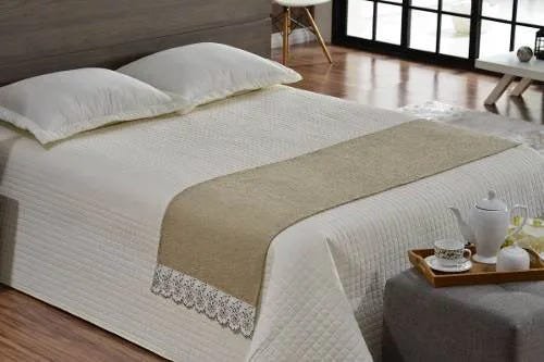 Peseira Xale Cama Casal E Queen Size Bordado Richilieu Bege