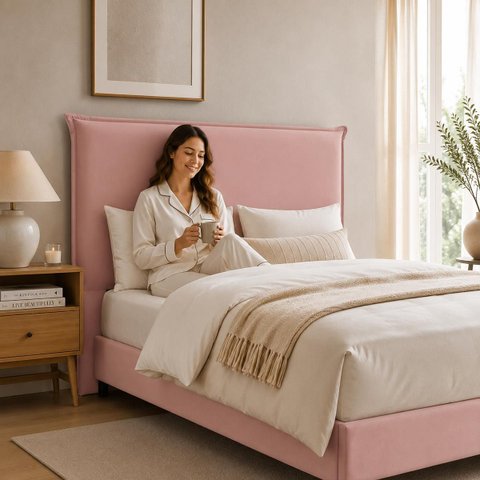 Cabeceira Decorativa Casal 1,40m Trento Veludo Rosa - Gran Belo